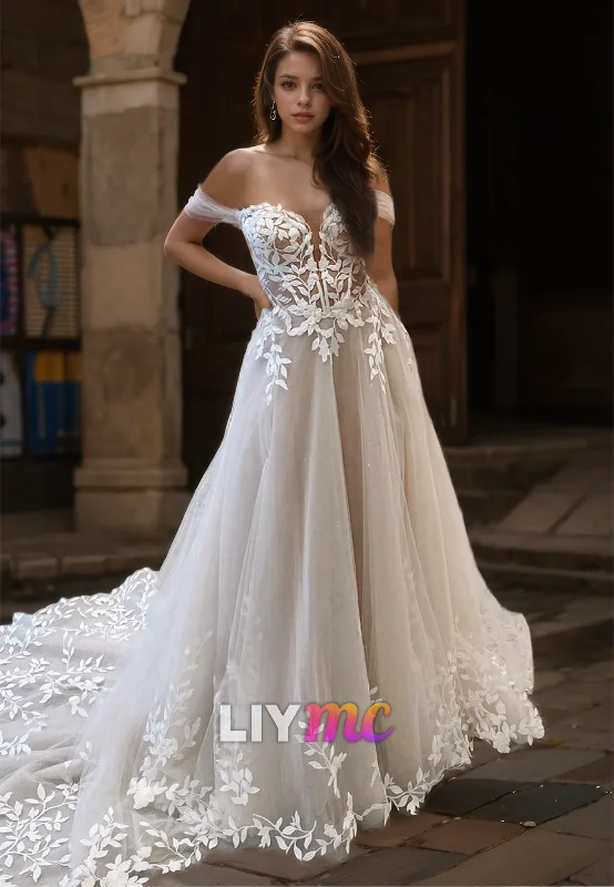 Trendsetter's Closet Off-Shoulder Sleeveless Lace Appliques A-Line Wedding Dress