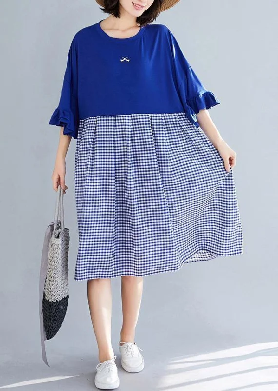 Trendy New Clothes 100% blue Plaid Cotton clothes Sweets Runway o neck Butterfly Sleeve shift Summer Dress