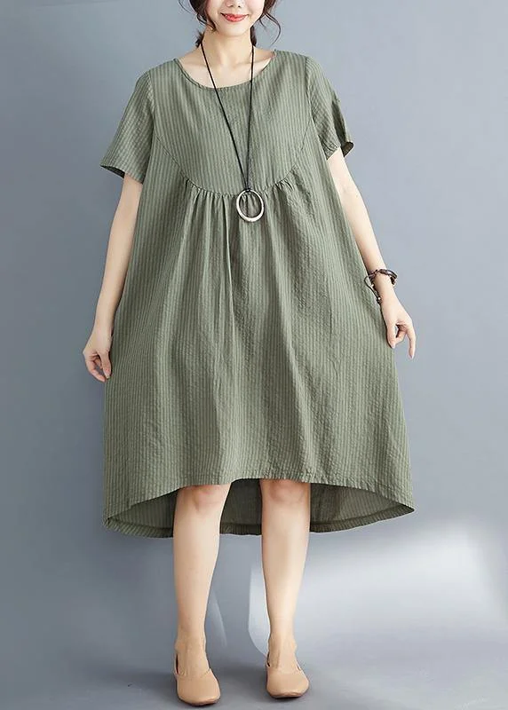 Women's Clothes Online Shopping DIY o neck asymmetric Cotton clothes Women plus size Catwalk army green striped Midi Dress Summer