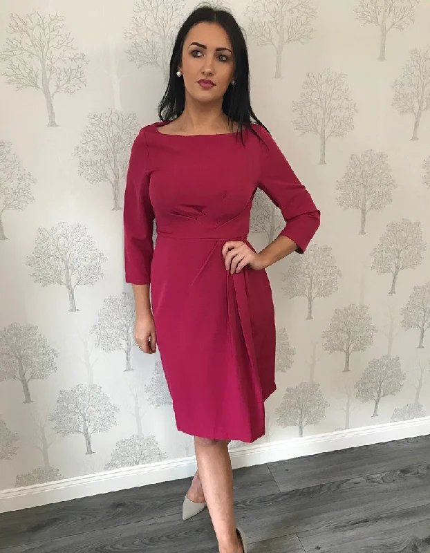 Trendy Fashion For Women Nicky Magenta 3/4 Sleeve Ruched Pencil Dress