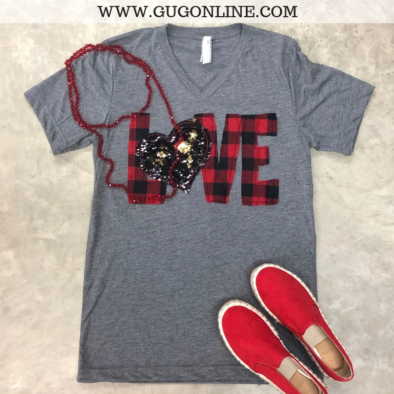 Gorgeous Glamour Collection Last Chance Size Small | When Love Sparkles Buffalo Plaid Short Sleeve Tee with Sequin Heart in Heather Grey