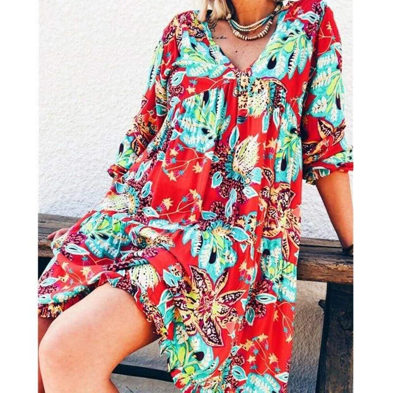 Comfort Centric Apparel FashionSierra - New Fashion Women Long Sleeve Summer Autumn Boho Floral Printed Beach Casual Loose Kaftan Tunic Beach Mini Dress Sundress