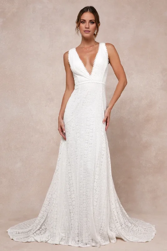 Shop Our Looks Ivory Lace Sleeveless Backless Trumpet Maxi Dress Deep V-Neck Chapel Train Wedding Dress