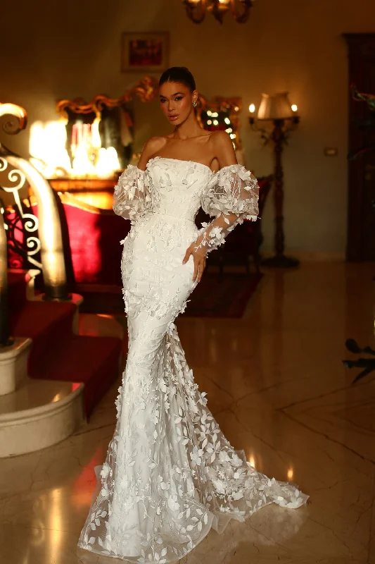 Stylish Looks Tina Holly TW121W Long 3D Lace Mermaid Detachable Sleeves Wedding Dress