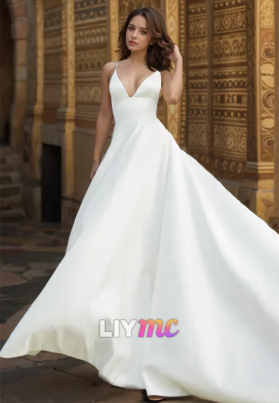 Elegant Fashion V-Neck Straps Sleeveless Pleated Satin A-Line Wedding Dress