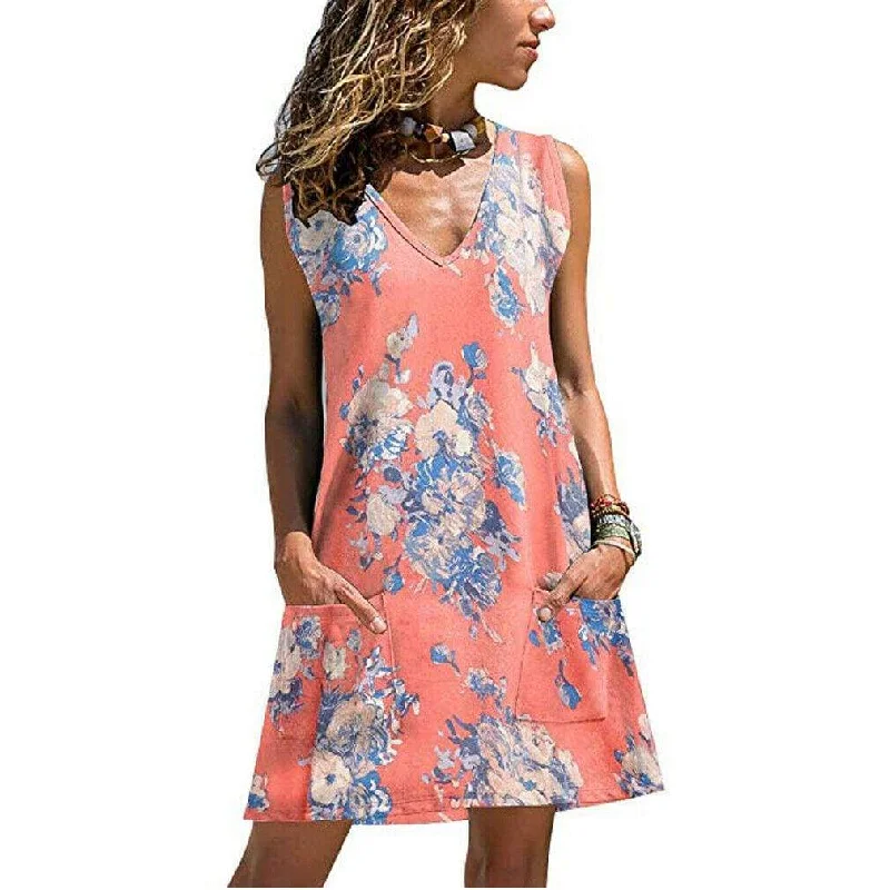 Fashionista Favorites FashionSierra - New Women Casual Loose Tunic Floral Dress Ladies Casual Beach Swing Strappy Cami Pocket Summer Party Dress Sundress