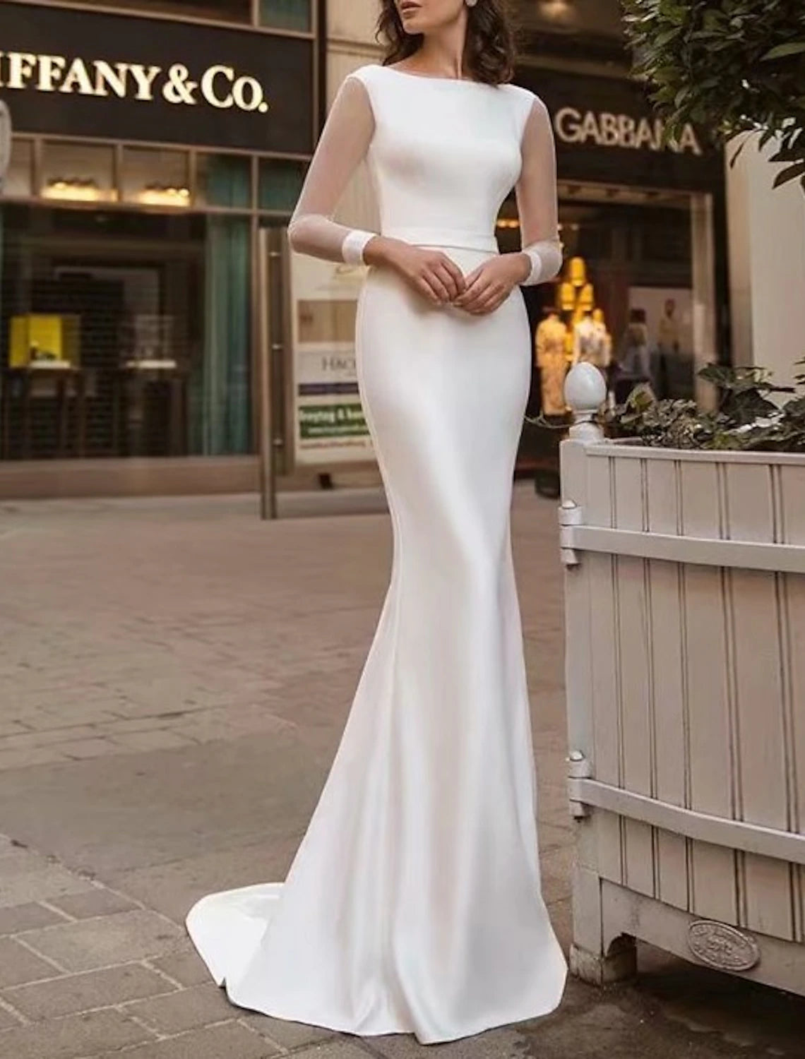 Flash Sale Now Reception Royal Style Casual Wedding Dresses Mermaid / Trumpet Scoop Neck Long Sleeve Sweep / Brush Train Satin Bridal Gowns With Solid Color Summer Fall Wedding Party