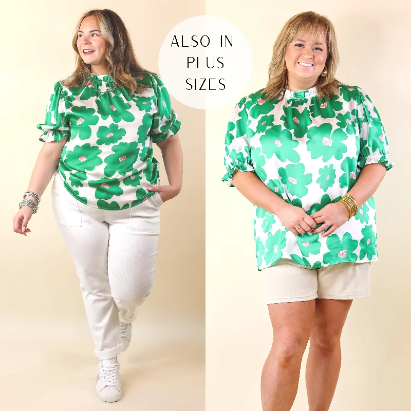 Seasonal Sale Divine Design Floral Blouse With Puffed Sleeve and Ruffle Neckline in Green