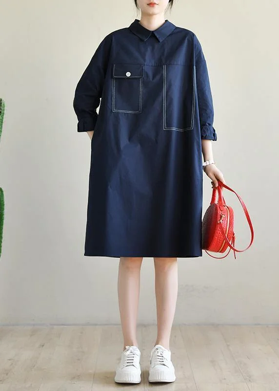 VIP Member Discount Fashion Navy Long Sleeve Peter Pan Collar Cotton Spring Dresses