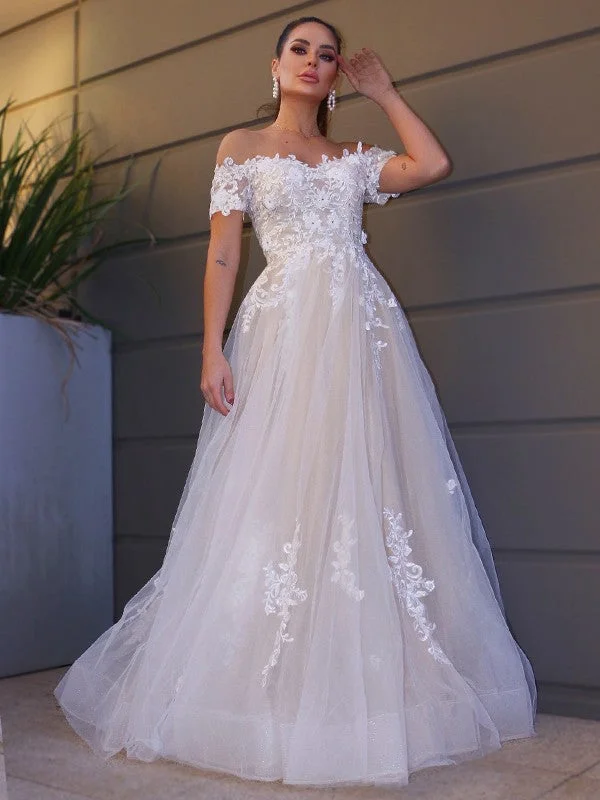 Unleash Your Fashion A-Line/Princess Tulle Off-the-Shoulder Short Sleeves Applique Floor-Length Wedding Dresses