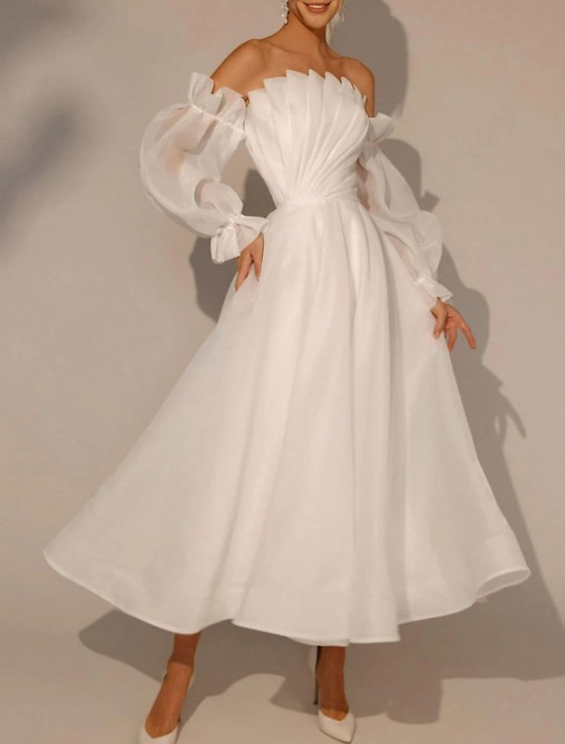 Trend Setting Wardrobe Wedding Dresses A-Line Square Neck Long Sleeve Ankle Length Bridal Gowns With Pleats Solid Color