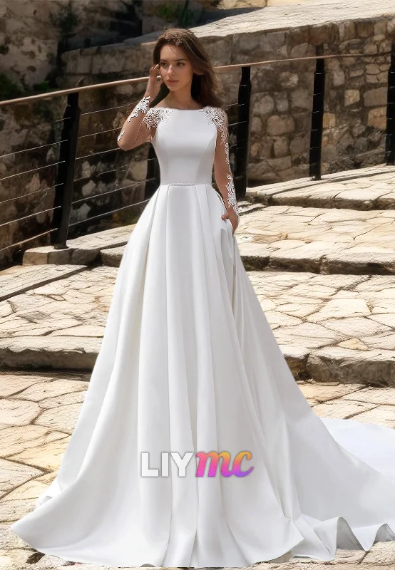 Big Discounts Bateau Long Sleeves Lace Appliques Pleated Satin A-Line Wedding Dress