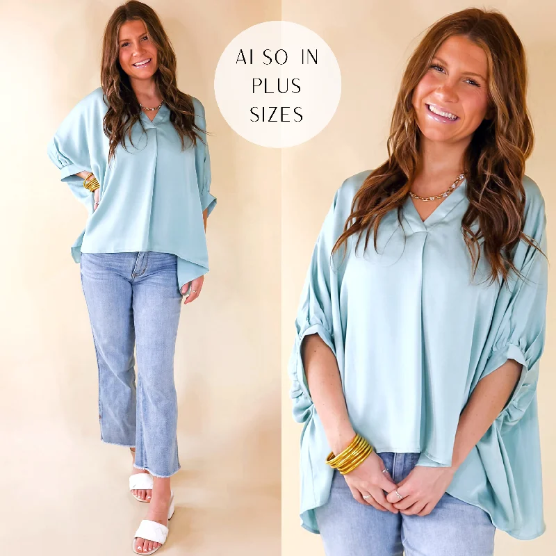 Minimalist Women's Fashion Clothing Irresistibly Chic Half Sleeve Oversized Blouse in Mint Blue