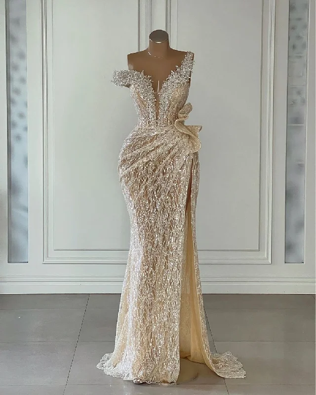 Fresh Styles, Fresh Deals Elegant Champagne Mermaid  Dresses Sleeveless Beaded Appliques Sequins Pearls Floor Length Side Slit Lace Evening Formal Dresses