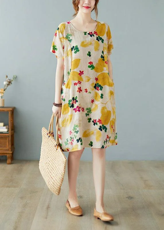 Wardrobe Refresh Simple Yellow O Neck Print Dress Cotton Linen Summer