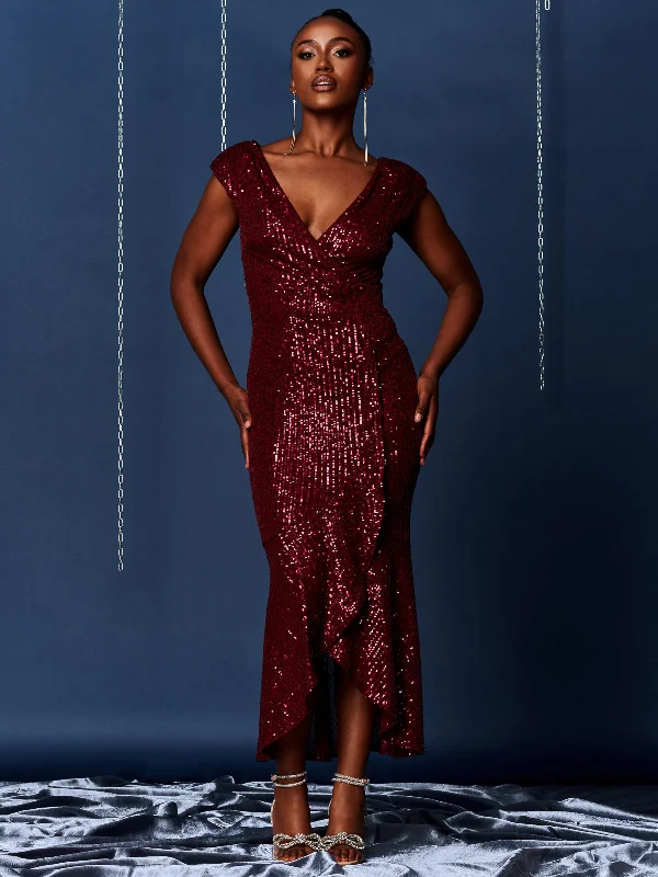 Chic And Comfortable Sequin Wrap Fishtail Maxi Dress, Burgundy