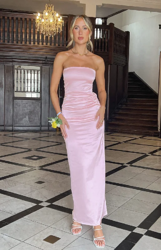 Woman Clothing Pink Bloom Satin Strapless Maxi Dress