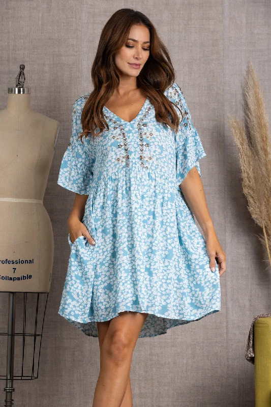 Special Offer RIVER BLUE FLORAL PRINT RUFFLED MIDI DRESS-IDM7129