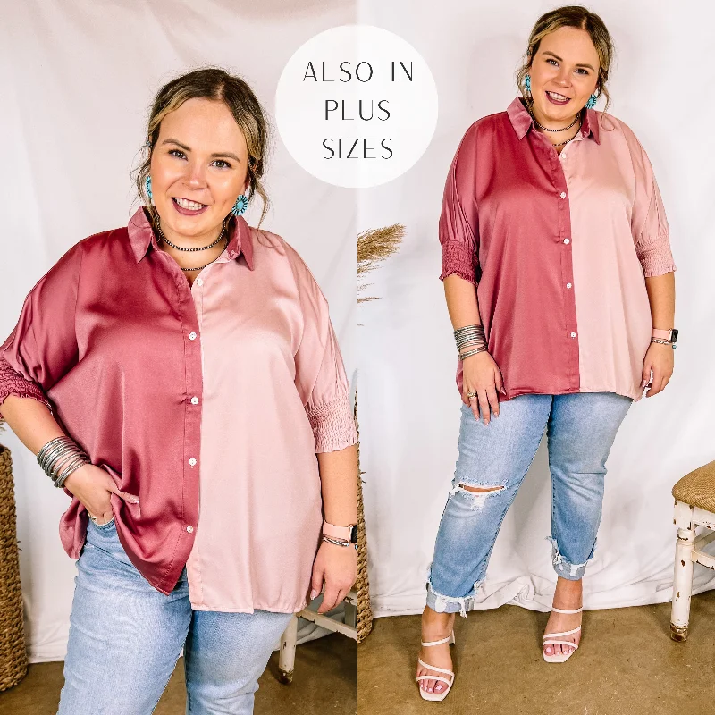 Casual Women's Clothing Last Chance Size Small (Oversized) | Major Glow Satin Smocked 3/4 Sleeve Button Up Blouse in Mauve and Blush Pink