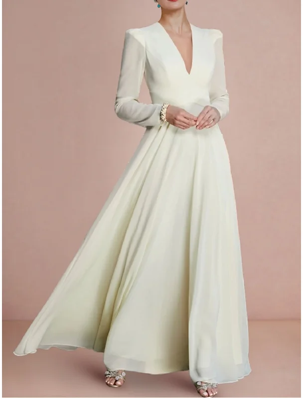 Seasonal Sale Wedding Dresses A-Line V Neck Long Sleeve Ankle Length Chiffon Bridal Gowns With Pleats Solid Color