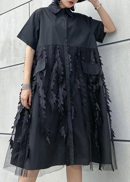 Chic Style, Always In Vogue Beautiful lapel tulle Cotton summer clothes For Women Shape black Dress