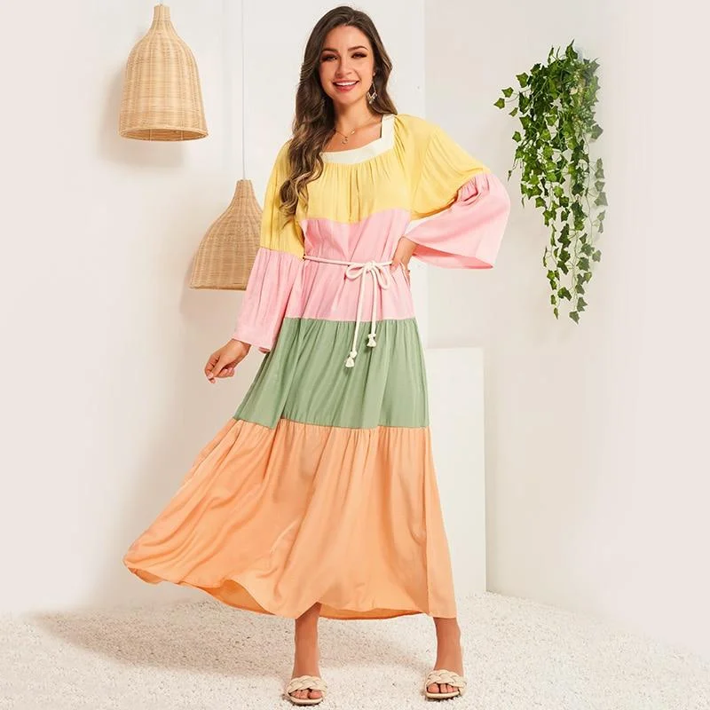 Rocker Chic Fashion FashionSierra - Summer Women Dress Multicolor Stitching Flared Long Sleeves Sashes Belted Bohemian Holiday Casual Elegant Maxi Dresses