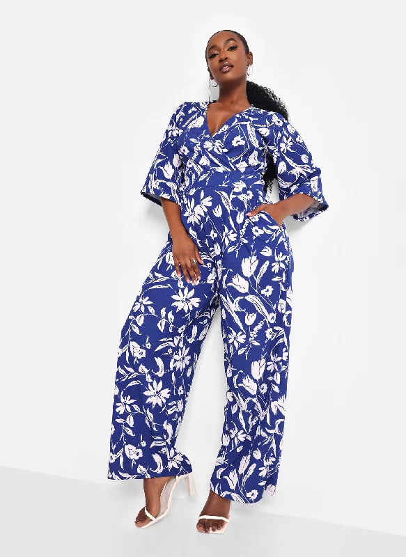 Exclusive Discount Delphine Floral Flare Sleeve Jumpsuit - Navy