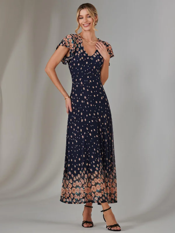 Elegant Fashion Gina Mirrored Print Mesh Maxi Dress, Navy Multi