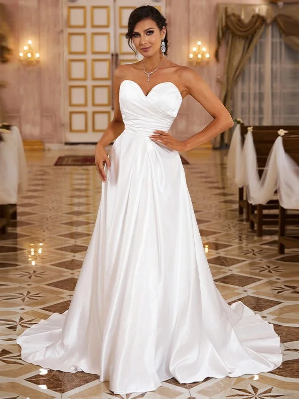 Current Trends A-Line/Princess Satin Ruched Sweetheart Sleeveless Sweep/Brush Train Wedding Dresses