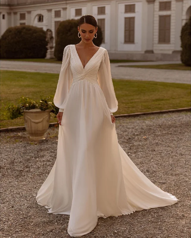 Chic Trends Unveiled Ivory Chiffon Wedding Dresses for Bride Long Sleeve V Neck A Line Bridal Gown Backless Simple Civil Wedding Dress