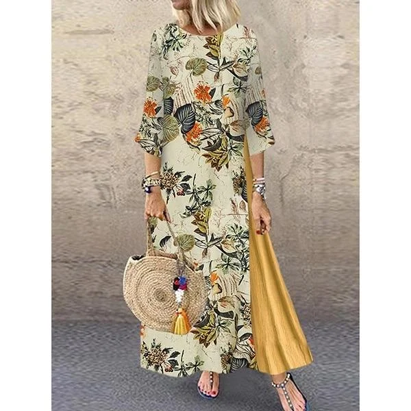 Wardrobe Essentials FashionSierra - Women Summer Boho Floral O Neck Long Sleeve Maxi Dress Ladies Casual Loose Dress Oversized Kaftan Beach Sundress