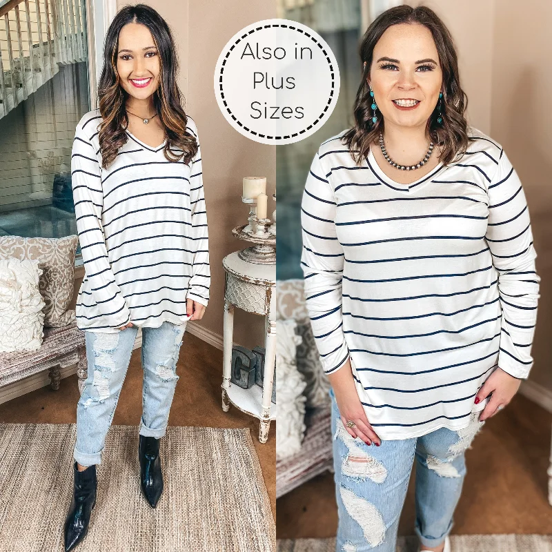 Snag Fabulous Fashion Bargains Keep Things Casual Long Sleeve Striped V Neck Tee in Ivory