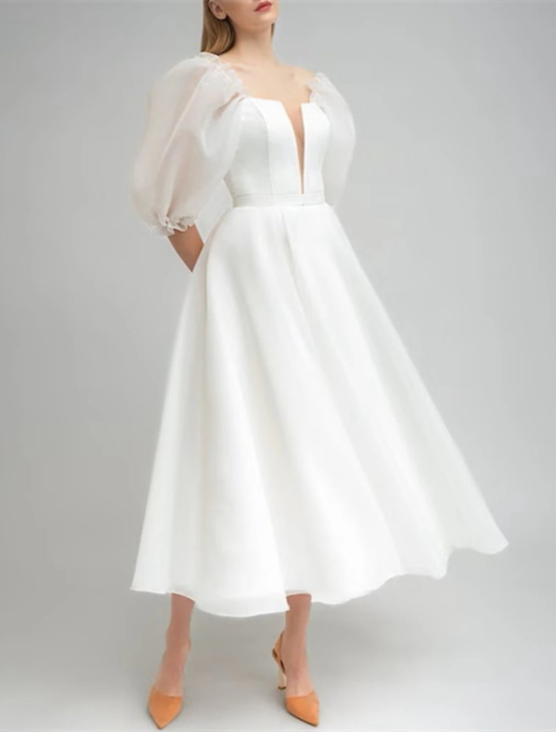 Affordable Women's Clothing Sale Online Bridal Shower Little White Dresses Wedding Dresses A-Line Off Shoulder Half Sleeve Tea Length Satin Bridal Gowns With Solid Color