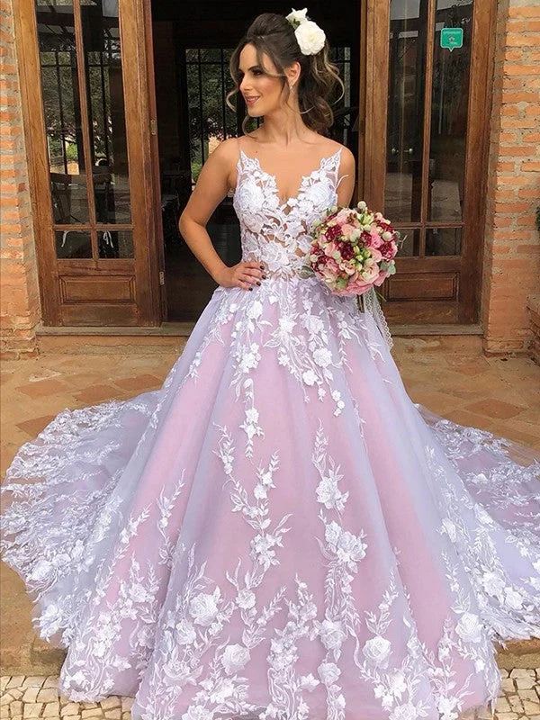 Catch Every Fashion Trend Ball Gown Lace Applique V-neck Sleeveless Chapel Train Wedding Dresses