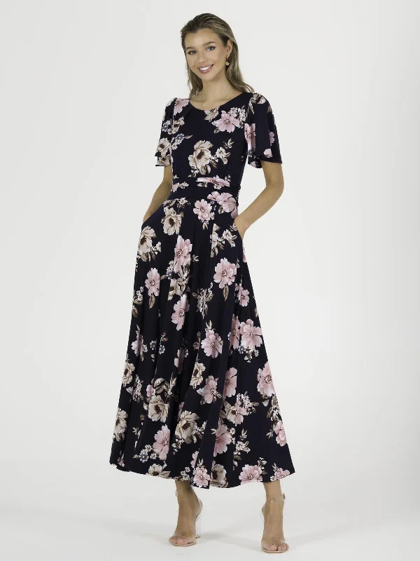 The Epitome Of Modern Women's Fashion Hailey Jersey Angel Sleeve Maxi Dress, Navy Floral