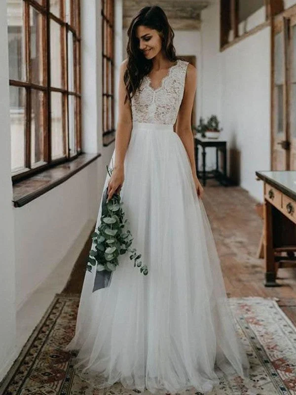 Gorgeous Glamour Collection A-Line/Princess Tulle Lace V-neck Sleeveless Floor-Length Wedding Dresses