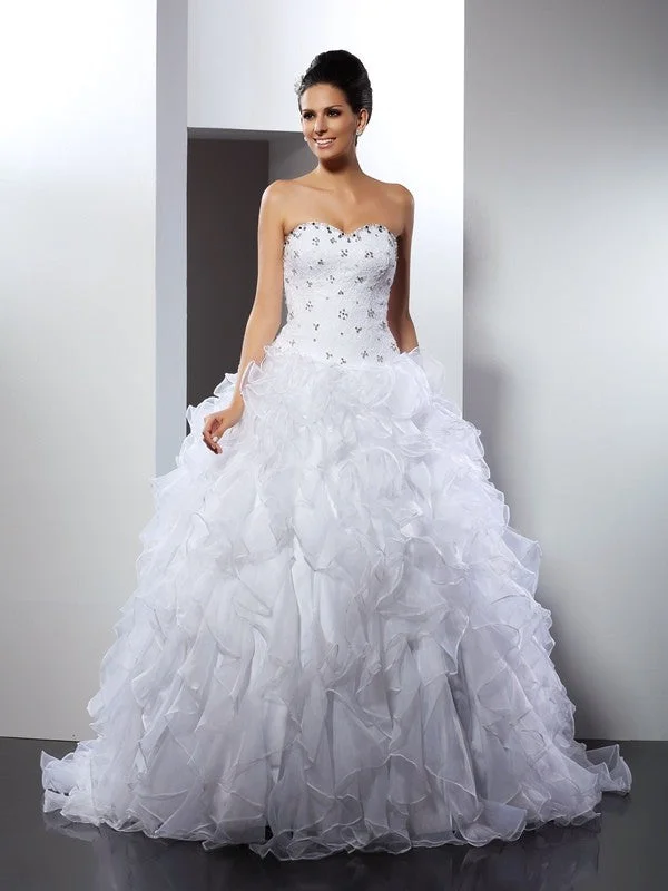 Fashion Deal Ball Gown Sweetheart Ruffles Sleeveless Long Satin Wedding Dresses