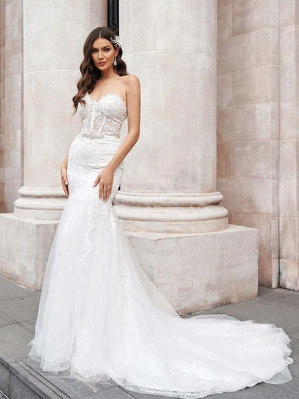 Casual Chic Trumpet/Mermaid Tulle Sweetheart Applique Sleeveless Court Train Wedding Dresses