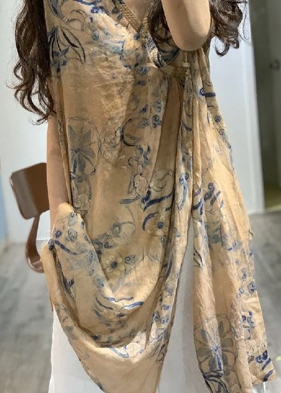 Casual Chic Simple v neck prints linen clothes side open loose Dress