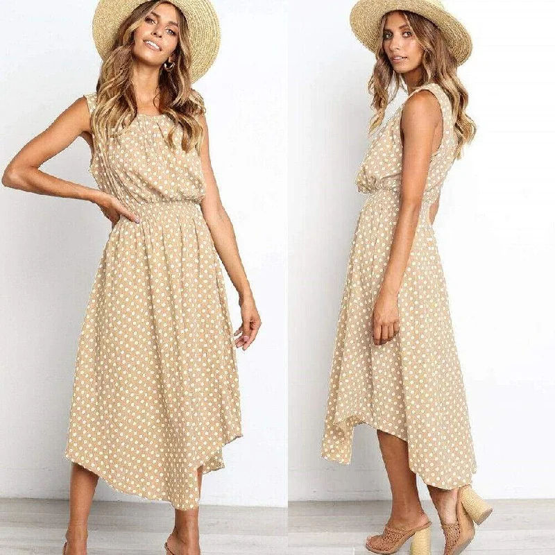 Casual Women's Clothing FashionSierra - Women Boho Sleeveless Midi Dress Polka Dot Fashion Summer Party High Waist O-Neck Holiday Beach Dress Sundress