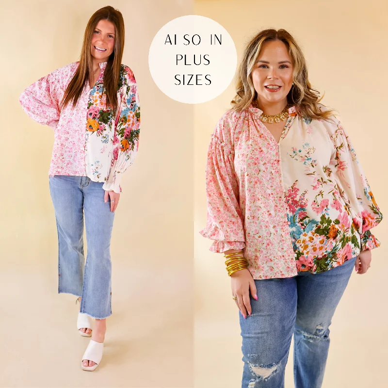 Versatile Women's Clothing for All Occasions Tulip Time Floral Mix Print Button Up Blouse in Pink