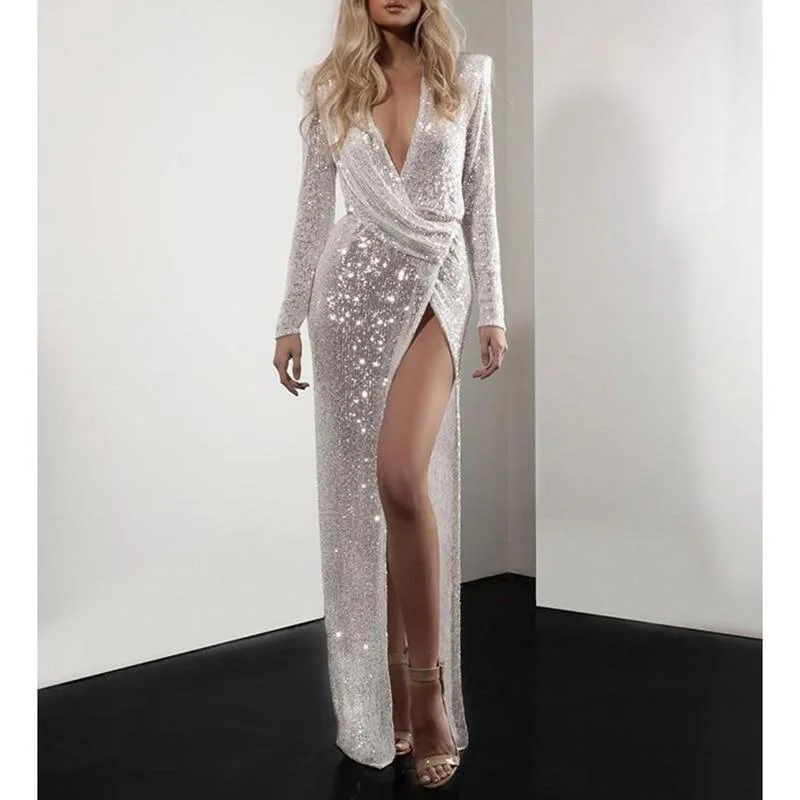 Sophisticated Women's Fashion FashionSierra - Ruched desiged sequined dress women long sleeve party dress Elegant split long maxi dresses autumn sequin robe femme