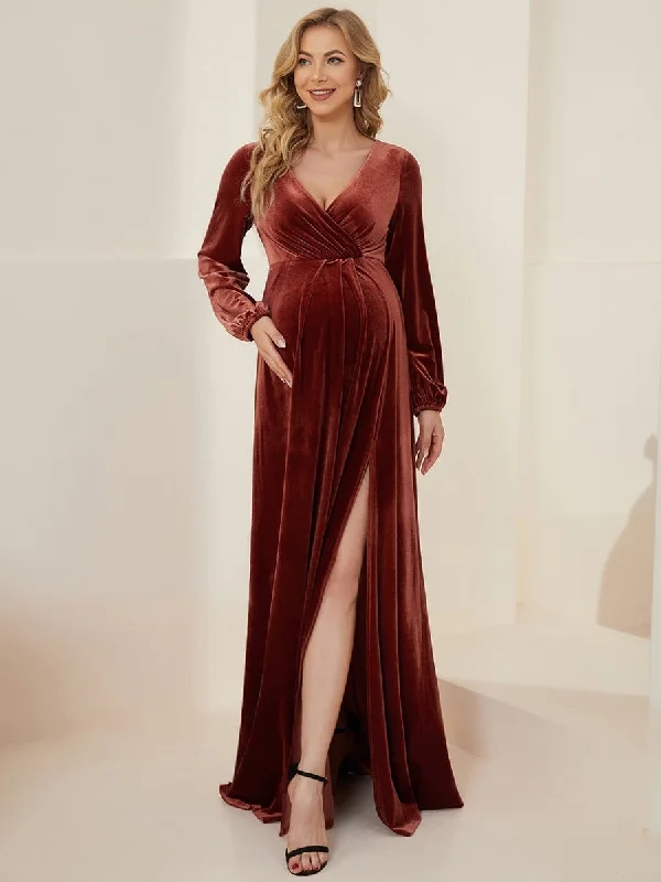 Women's Trendy Outfits Long Sleeve Velvet V-Neck Front Slit Floor-Length Bump Friendly Dress