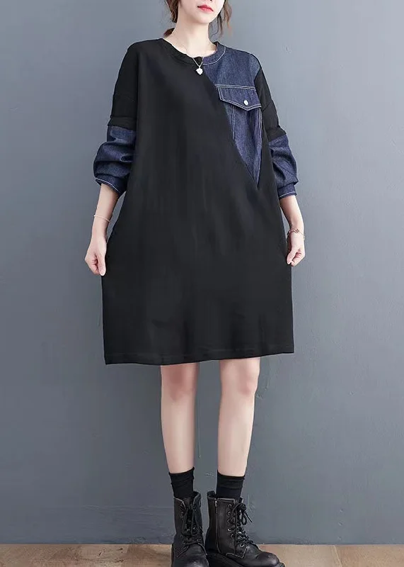 Chic Women's Clothing for Work and Travel Vintage black patchwork denim blue Sweater dresses Quotes pockets baggy sweater dresses