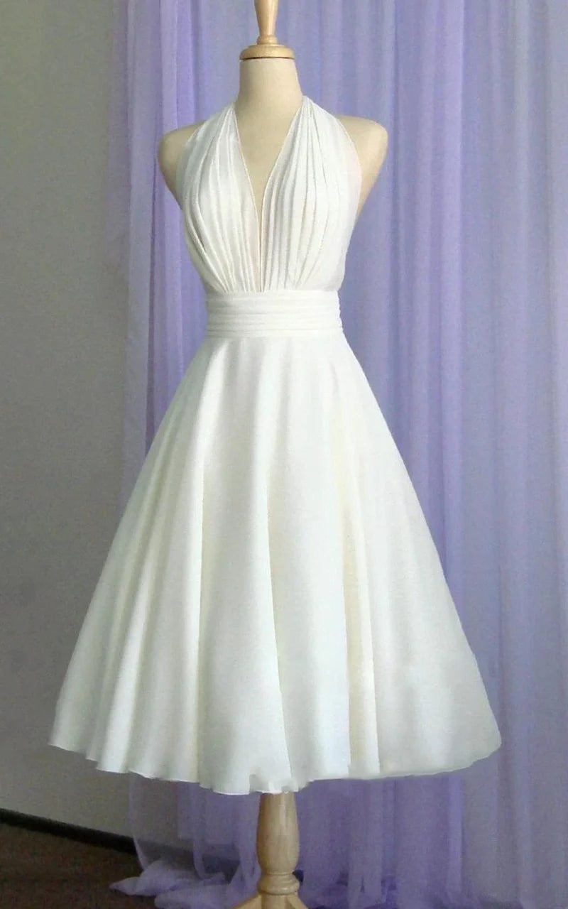 The Latest Fashion Trends Wedding Dress Vintage Tea-Length Chiffon With Halter Neck and Bow