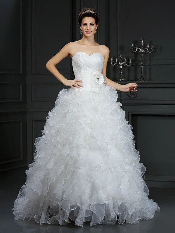 Enjoy Discount Ball Gown Sweetheart Hand-Made Flower Sleeveless Long Organza Wedding Dresses