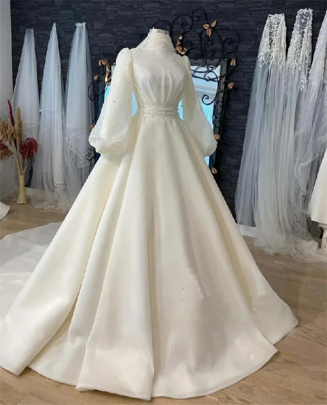 Forward Trendsetter Organza Pearls Muslim Hijab Wedding Dress for Bride Long Sleeve Islamic Bridal Gowns High Neck Women Arabic Robe De Mariée