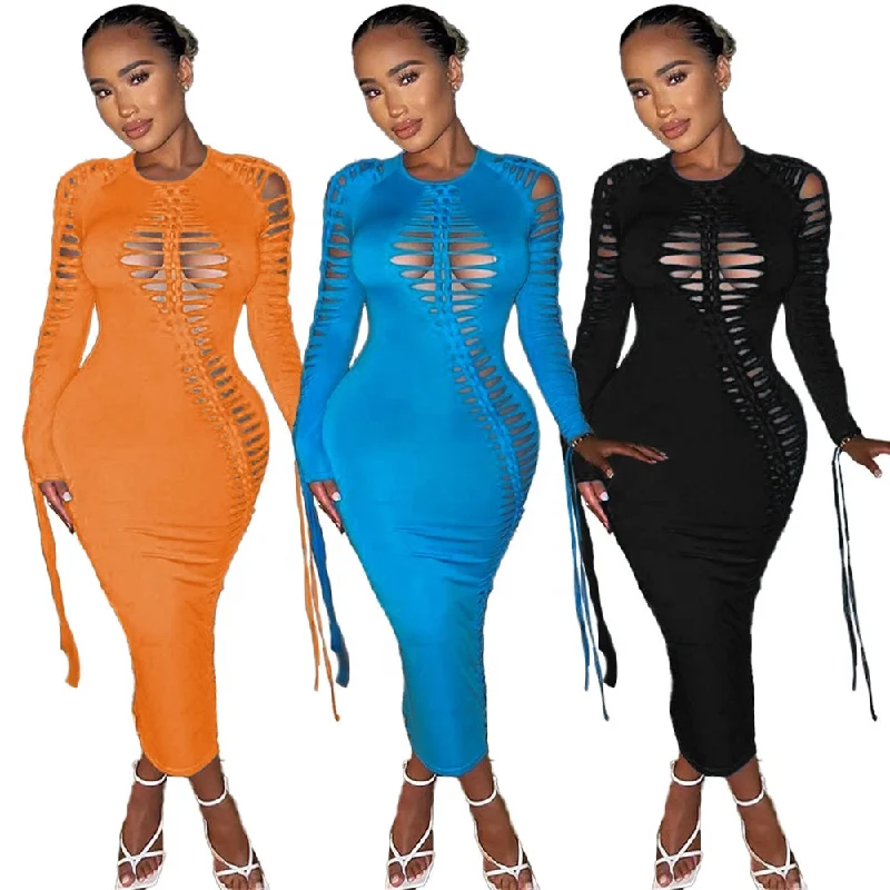 Outfits For Women 2023 New Fashion Women Fall Dresses For Women Sexy Long Sleeve Dresses HOLLOW OUT Cut Out Lace Up Sexy Bodycon Maxi Dress