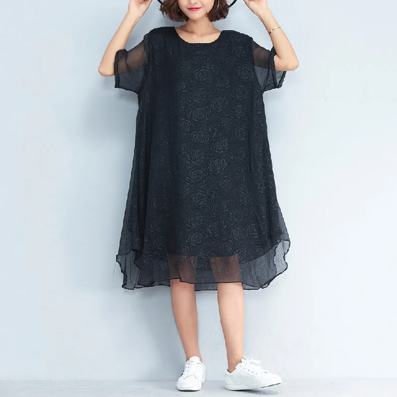 Comfort First Women's Fashion baggy black floral chiffon knee dress oversized traveling clothing Elegant short sleeve layered chiffon dress