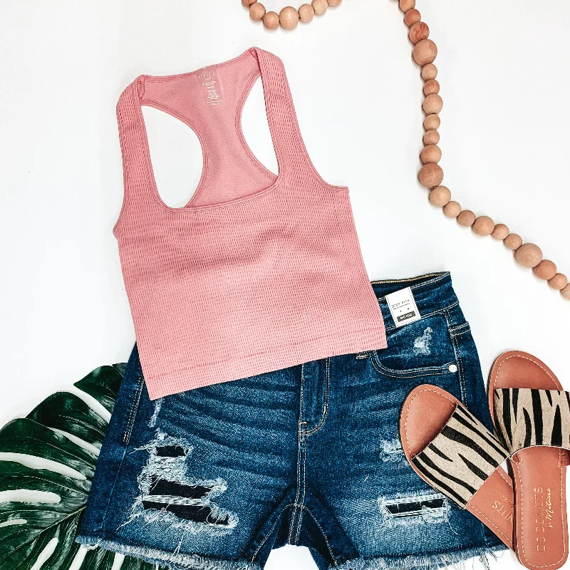 Comfortable Women's Outfits Cute and Casual Ribbed Square Neck Cropped Tank Top in Coral Pink